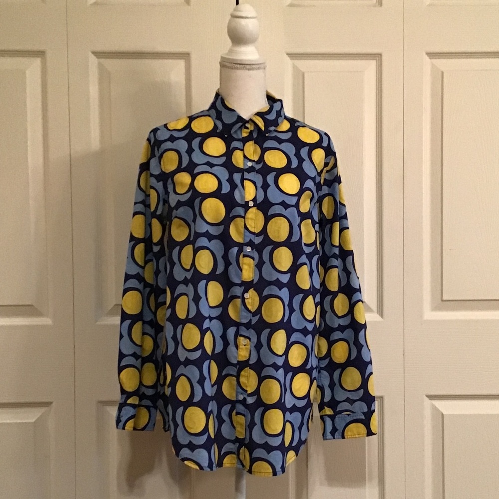 J McLaughlin Flowered Blue and Yellow Large Top